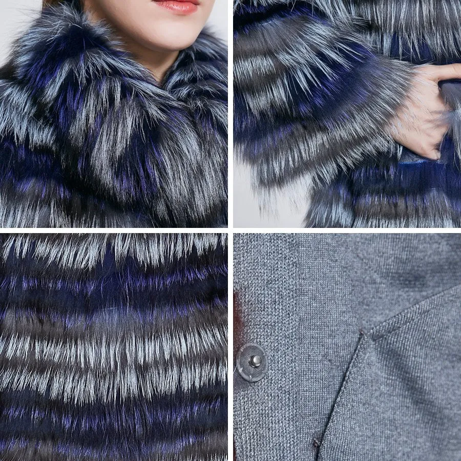 Fashion Belt Real Silver Fox Fur Coat