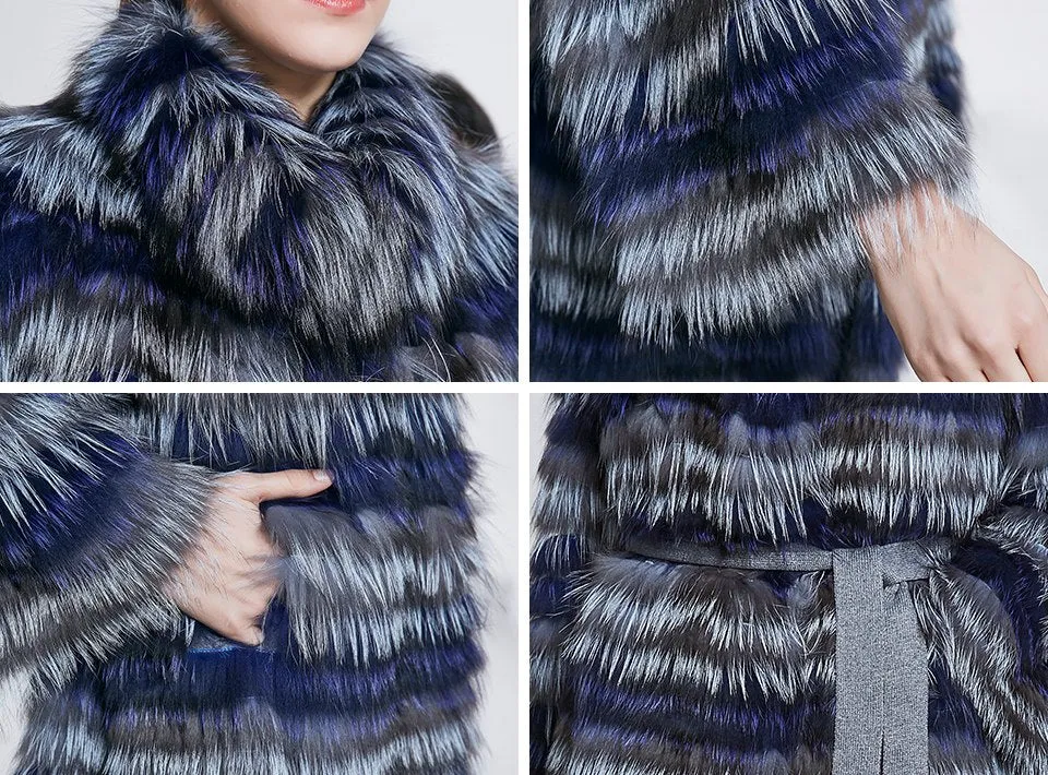 Fashion Belt Real Silver Fox Fur Coat
