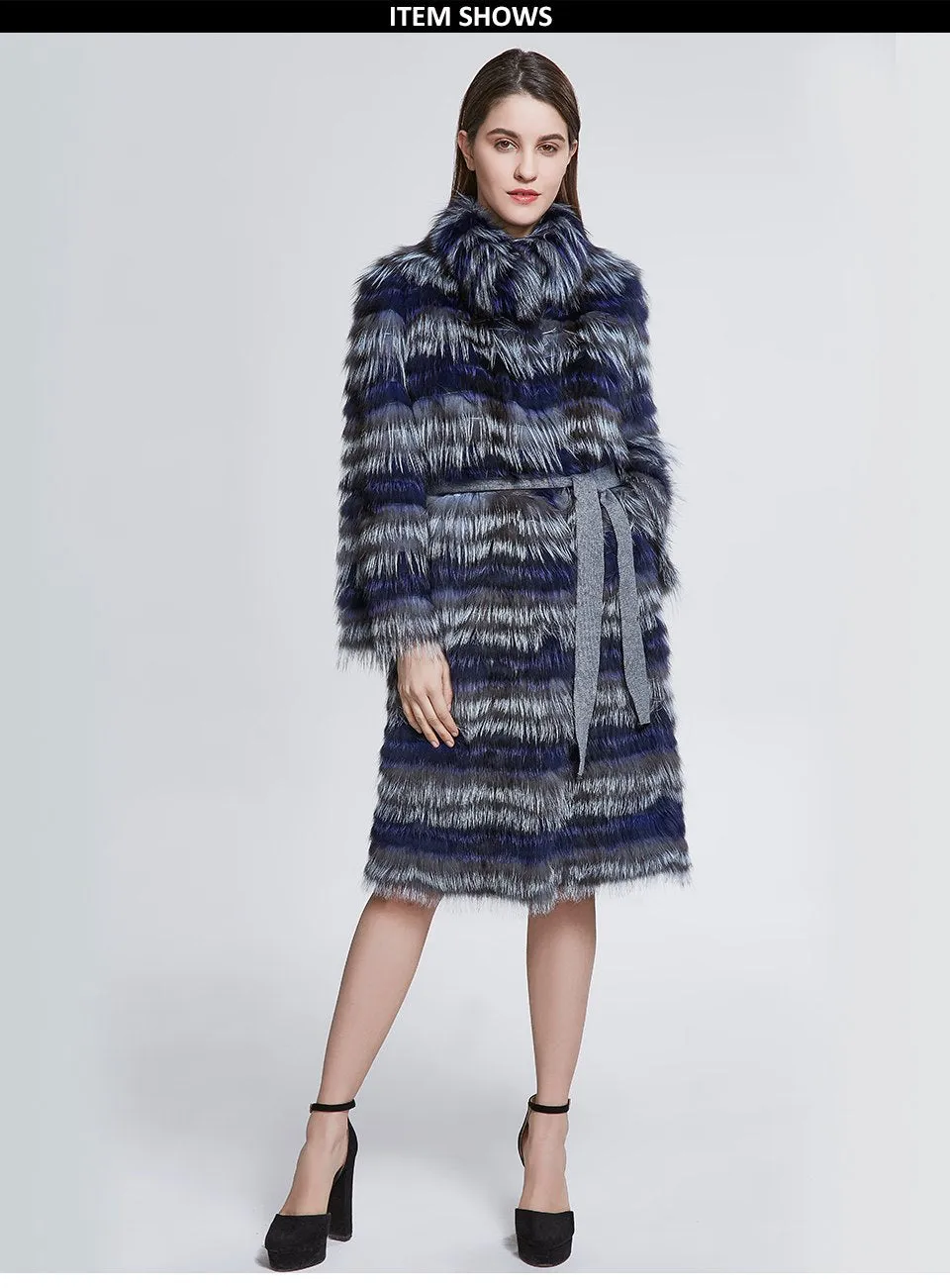 Fashion Belt Real Silver Fox Fur Coat