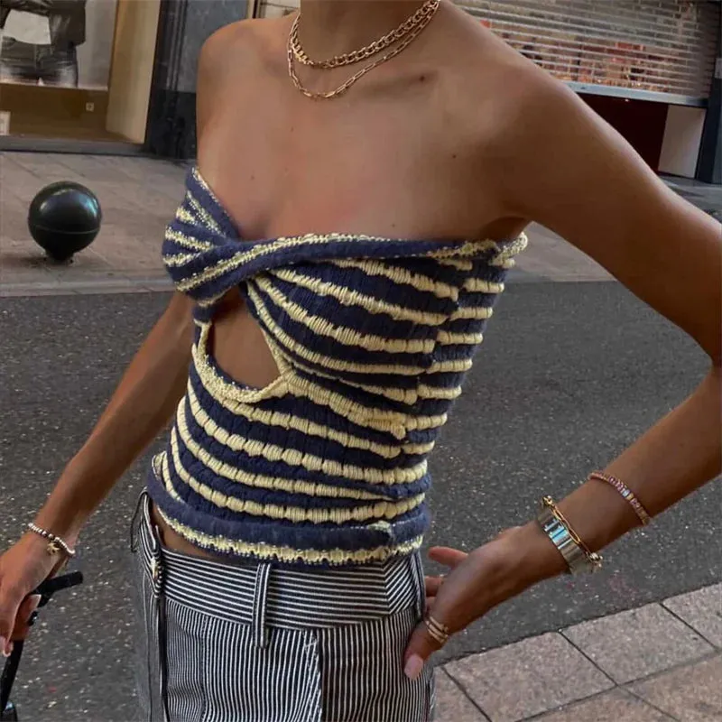 FashionSierra - 2024 Strapless Knitted Tube Top Vest Hollow Out Sleeveless Summer Autumn Backless Y2K Tank Vintage Fashion Crop Tops