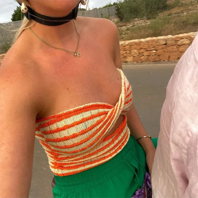 FashionSierra - 2024 Strapless Knitted Tube Top Vest Hollow Out Sleeveless Summer Autumn Backless Y2K Tank Vintage Fashion Crop Tops