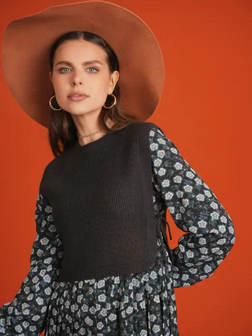 FLORAL DRESS AND KNIT VEST SET