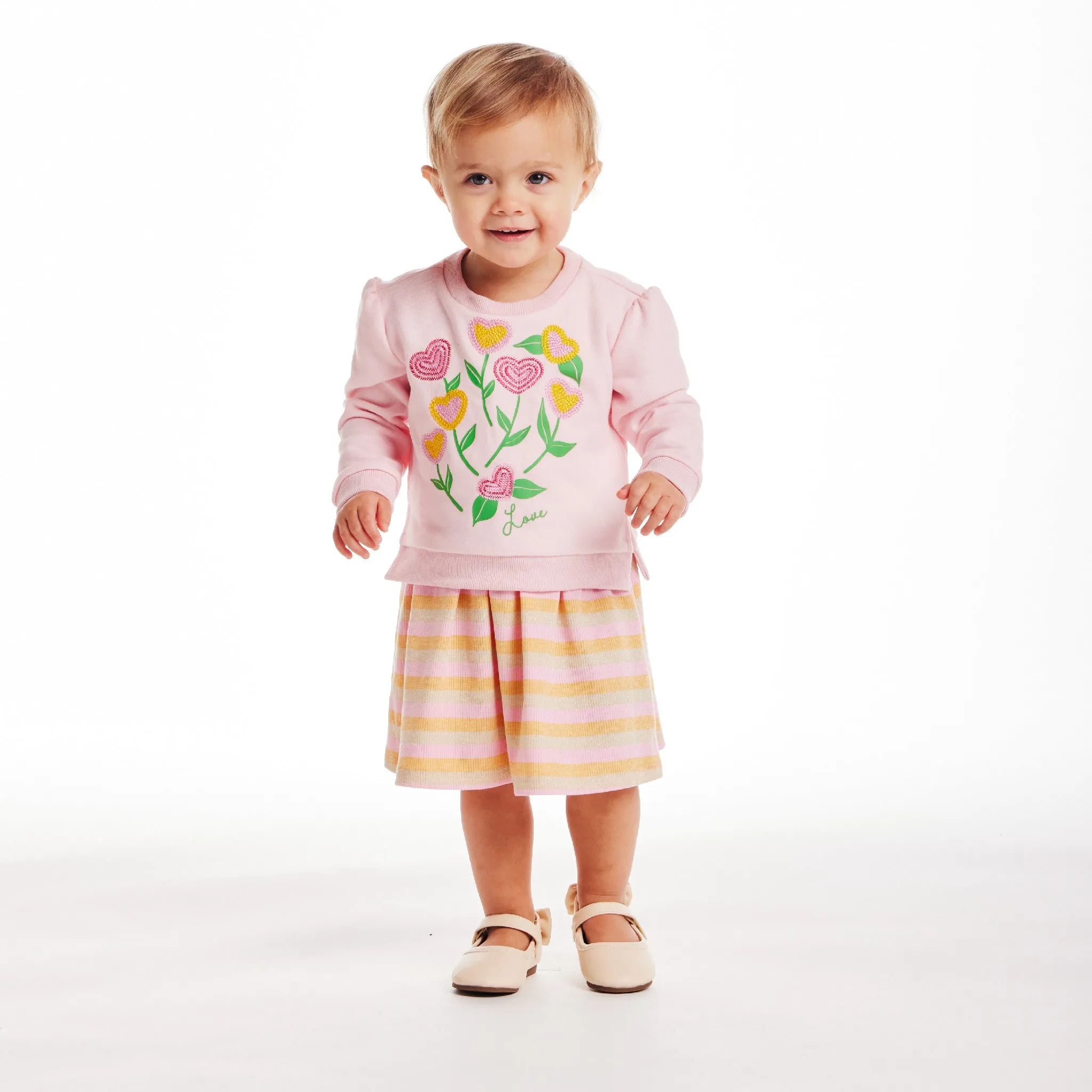 Infant (3-24M) Crochet Sweatshirt & Striped Dress Set | Pink Floral