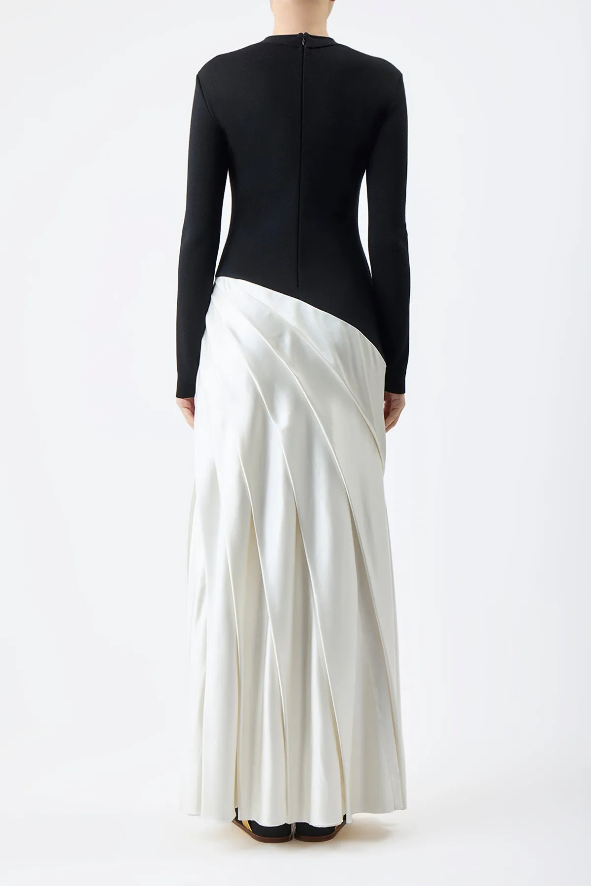 Ismay Pleated Dress in Black & Ivory Silk Satin