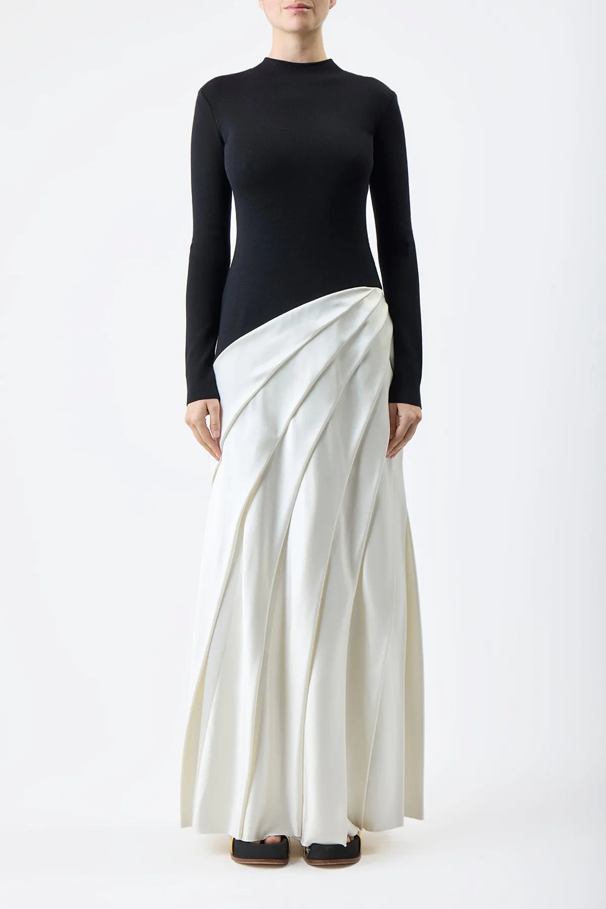 Ismay Pleated Dress in Black & Ivory Silk Satin