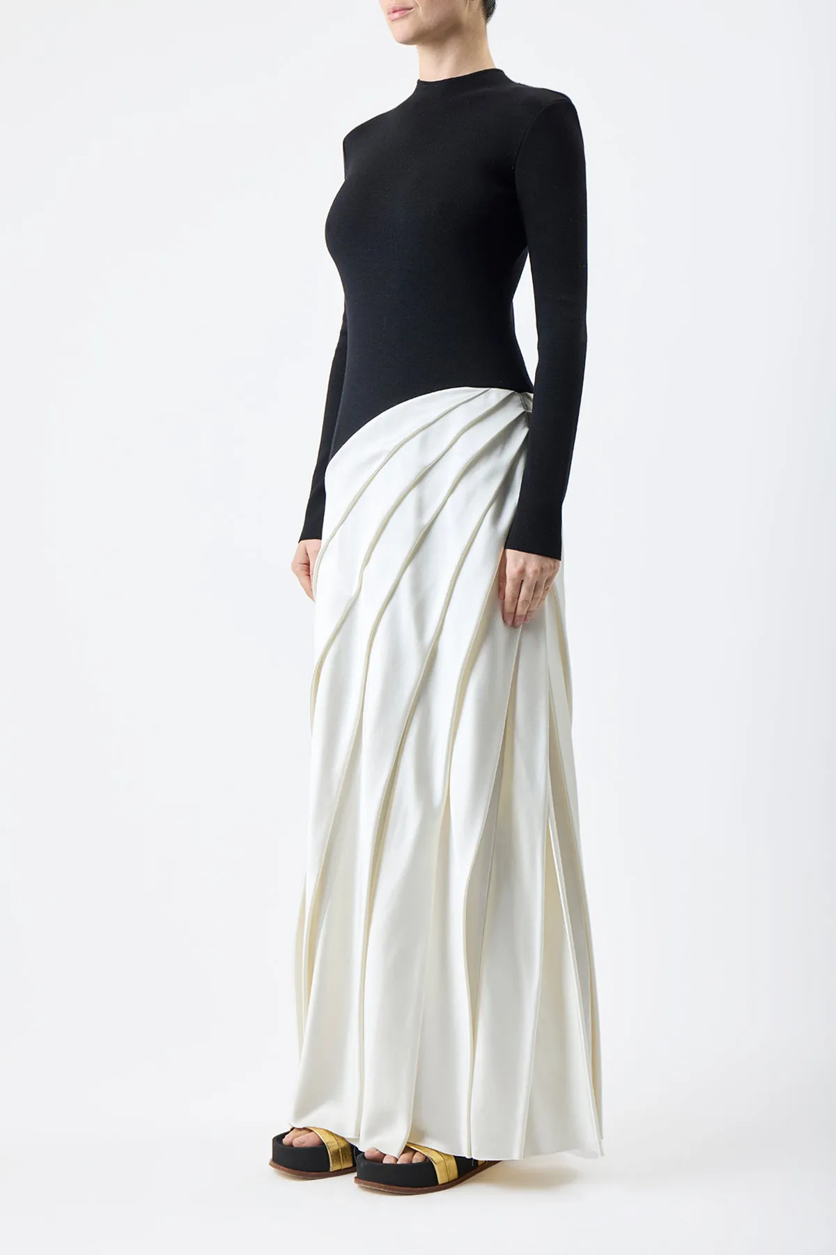 Ismay Pleated Dress in Black & Ivory Silk Satin