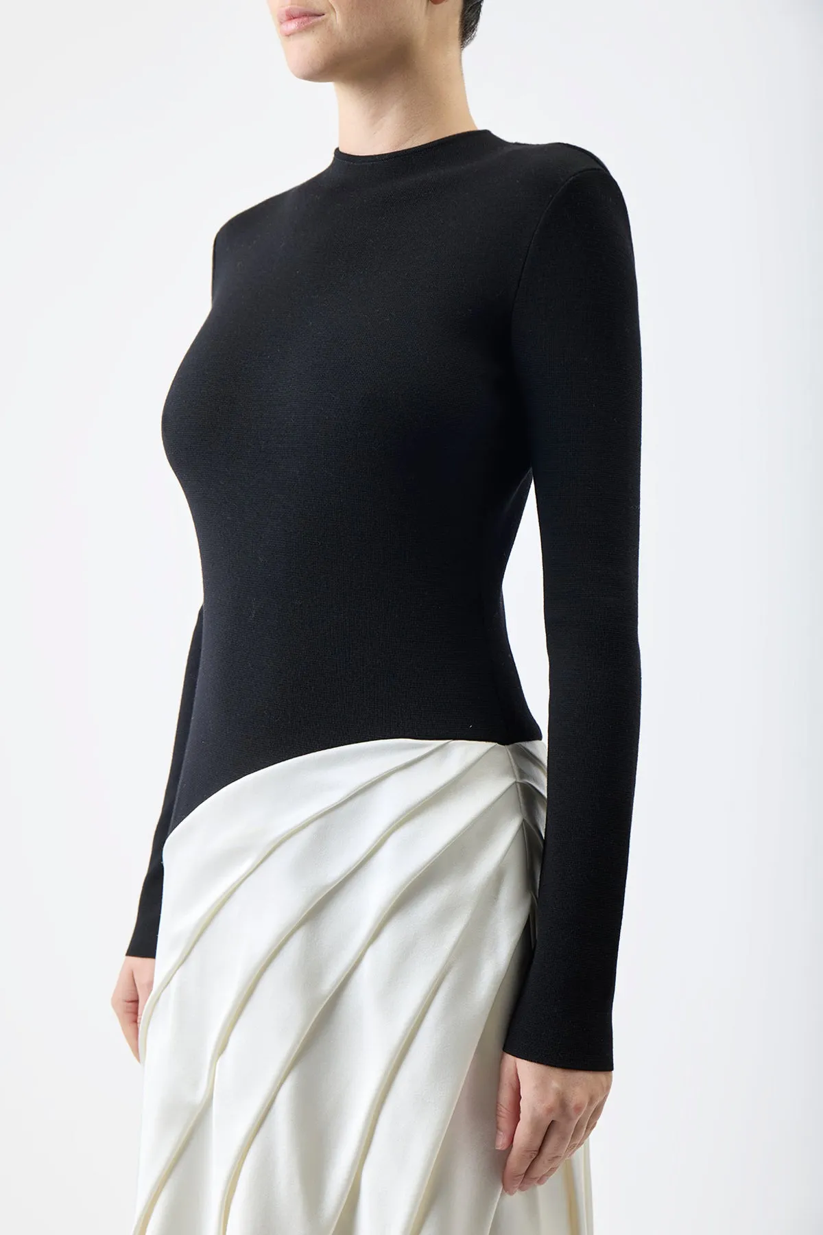 Ismay Pleated Dress in Black & Ivory Silk Satin