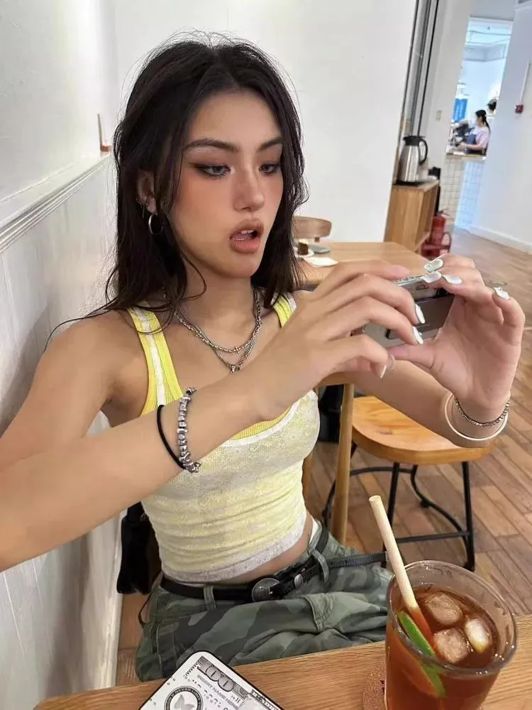 Joskaa American Vintage Mesh Lace White Camisole  Y2k Sexy Slim Fit Yellow Knitted Vest for Women 2024 Summer New Two Piece Sets