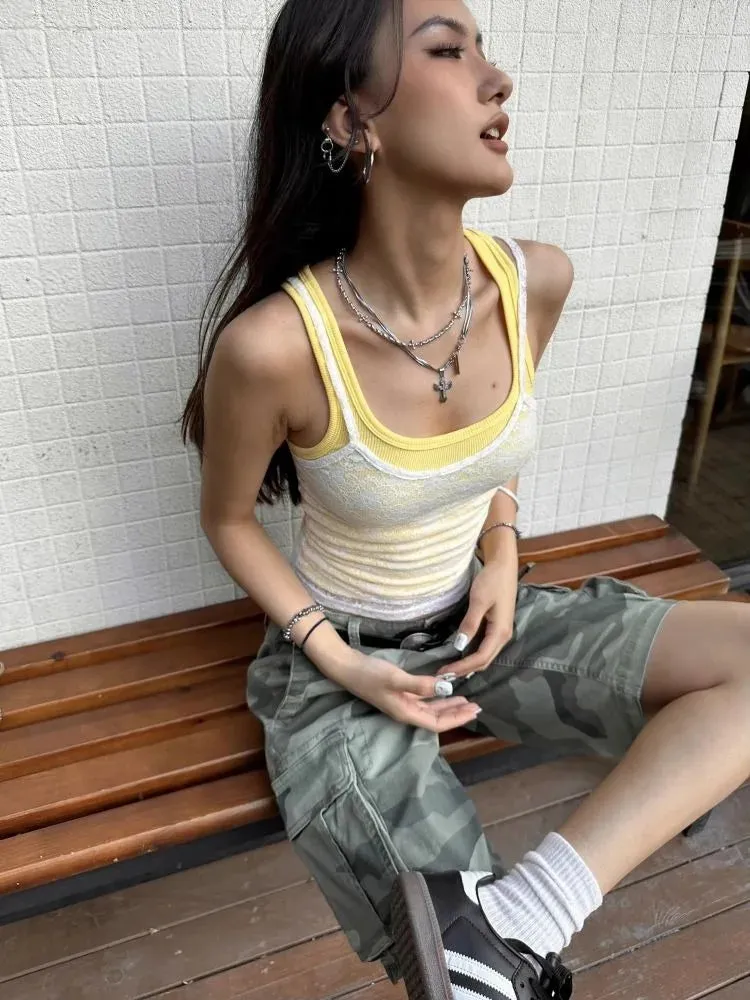 Joskaa American Vintage Mesh Lace White Camisole  Y2k Sexy Slim Fit Yellow Knitted Vest for Women 2024 Summer New Two Piece Sets
