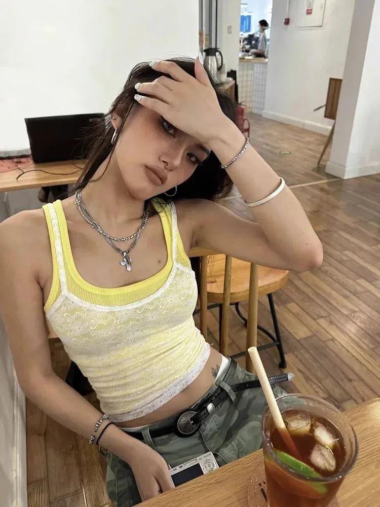 Joskaa American Vintage Mesh Lace White Camisole  Y2k Sexy Slim Fit Yellow Knitted Vest for Women 2024 Summer New Two Piece Sets