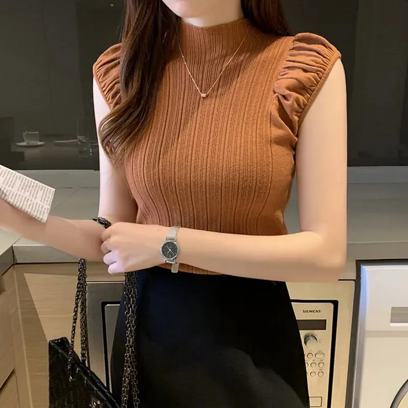 Joskaa-Tank Tops Half High Collar Vest Solid Casual Female Sleeveless Knitted Summer Women Tops