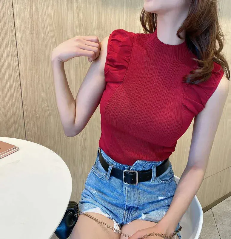 Joskaa-Tank Tops Half High Collar Vest Solid Casual Female Sleeveless Knitted Summer Women Tops