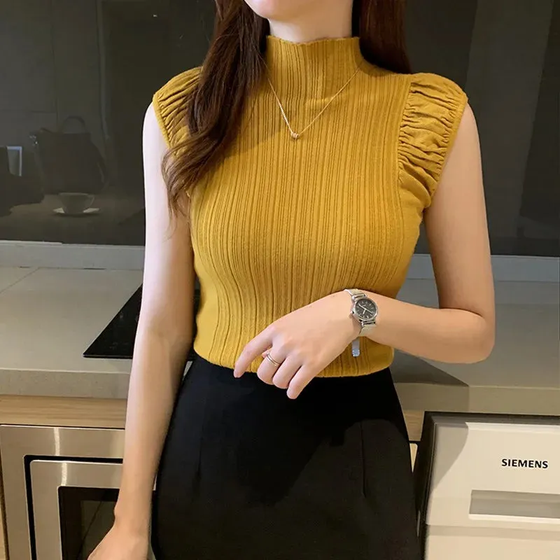Joskaa-Tank Tops Half High Collar Vest Solid Casual Female Sleeveless Knitted Summer Women Tops