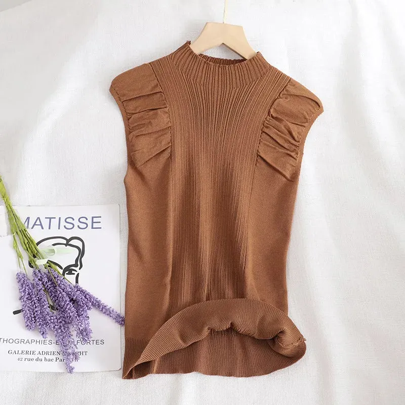 Joskaa-Tank Tops Half High Collar Vest Solid Casual Female Sleeveless Knitted Summer Women Tops