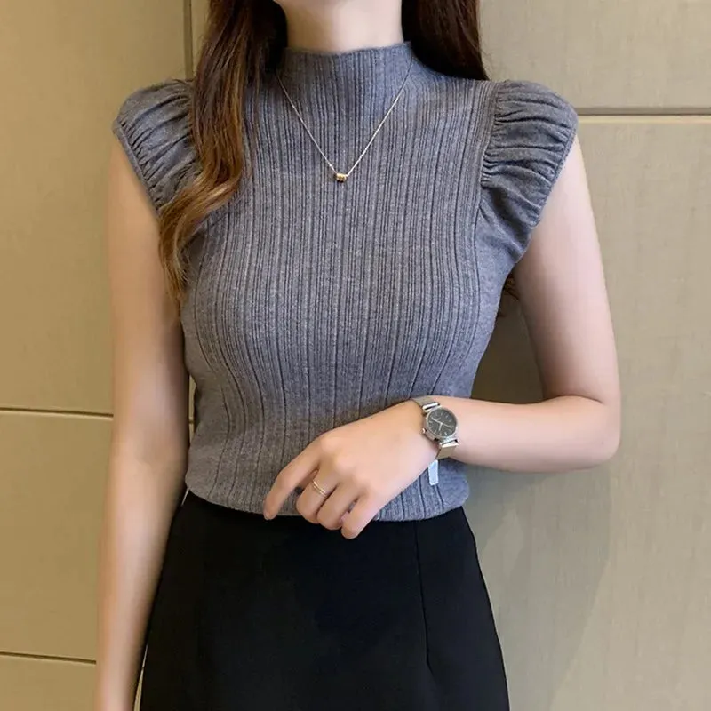 Joskaa-Tank Tops Half High Collar Vest Solid Casual Female Sleeveless Knitted Summer Women Tops