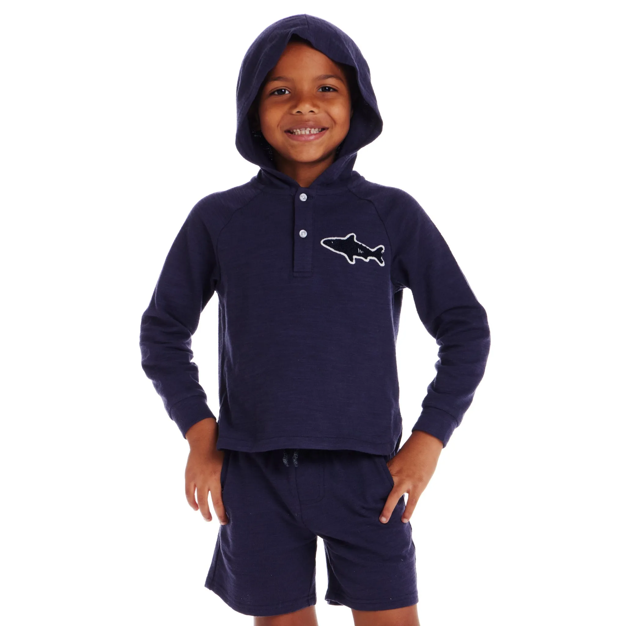 Kids (2-8) Textured Hoodie Lounge Set | Navy Shark Patch