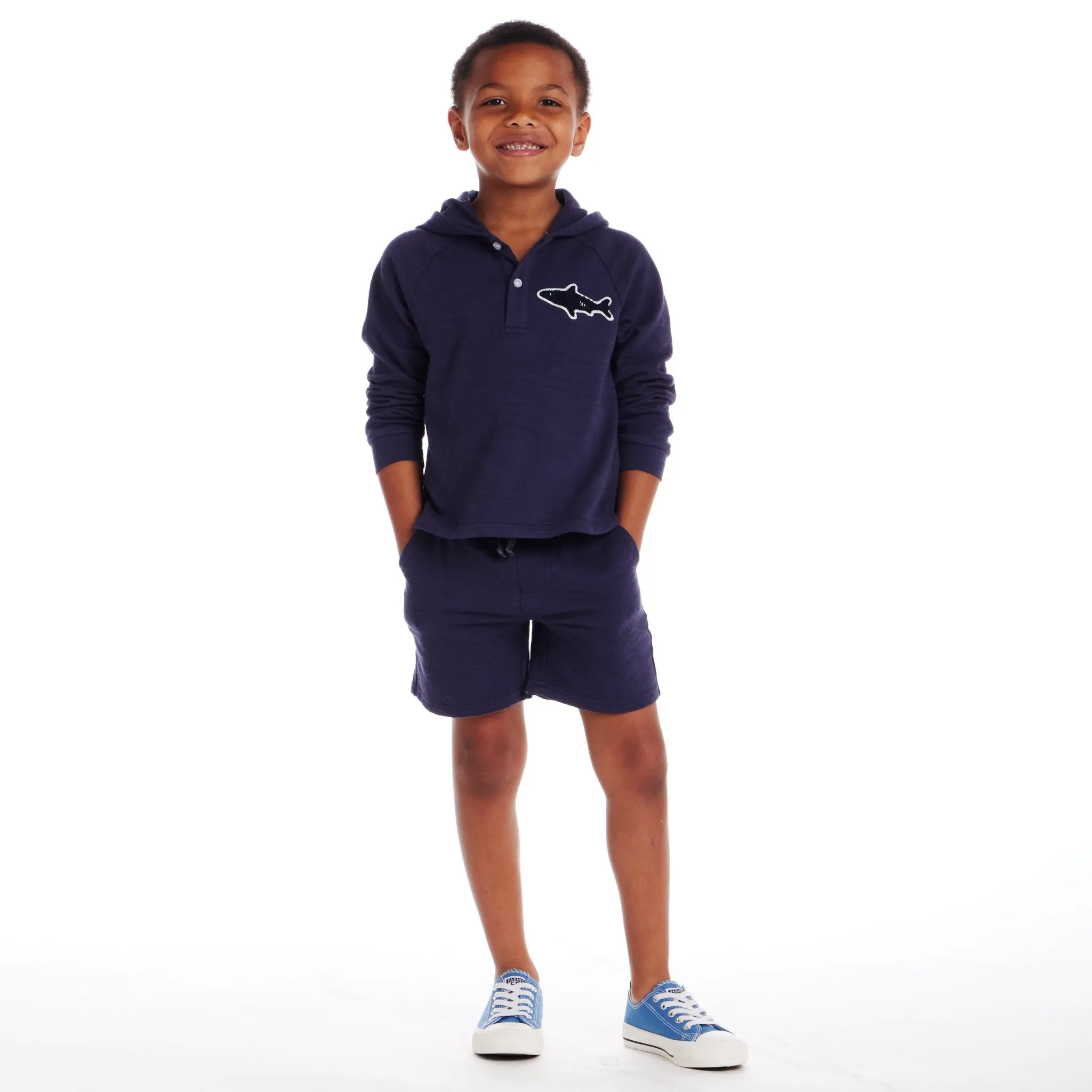 Kids (2-8) Textured Hoodie Lounge Set | Navy Shark Patch