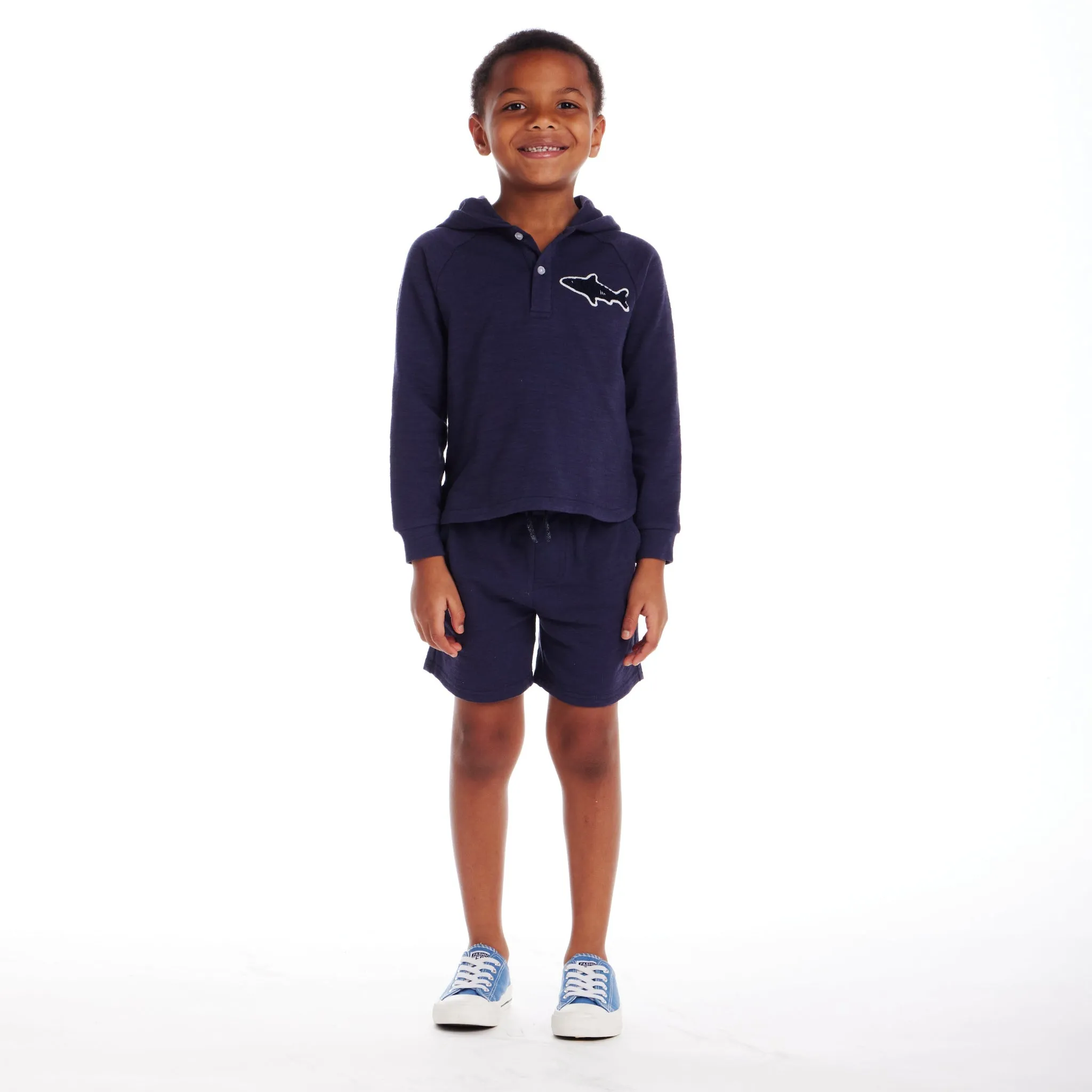 Kids (2-8) Textured Hoodie Lounge Set | Navy Shark Patch