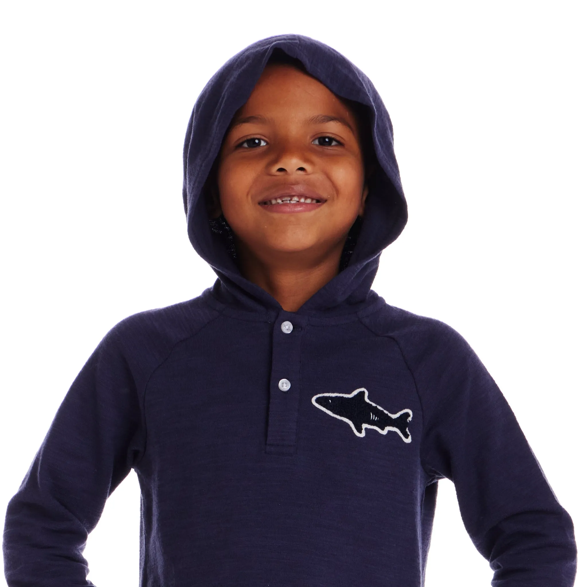 Kids (2-8) Textured Hoodie Lounge Set | Navy Shark Patch