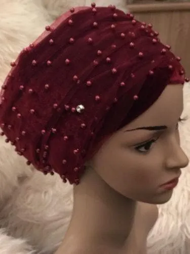Large Beaded Double Burgundy velvet Turban headwraps | Premade Chemocap