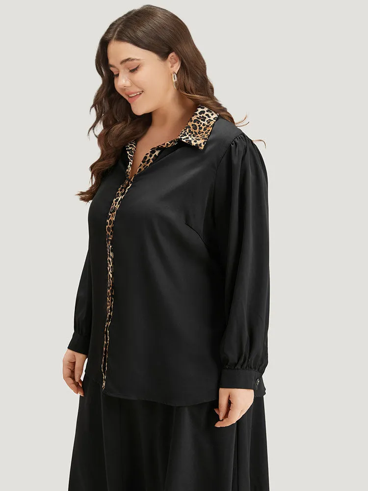 Leopard Print Patchwork Shirt Collar Woven Top