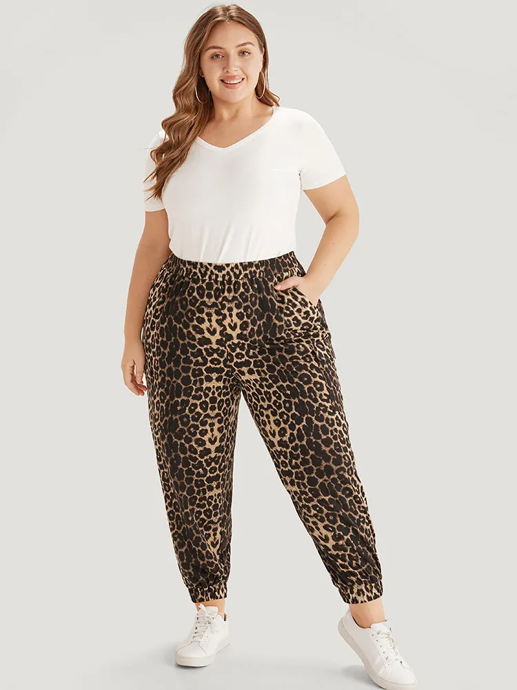 Leopard Print Pocket Elastic Waist Carrot Sweatpants