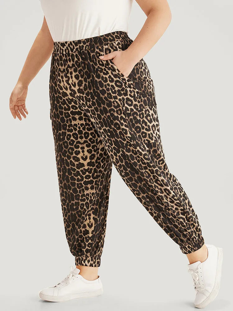 Leopard Print Pocket Elastic Waist Carrot Sweatpants