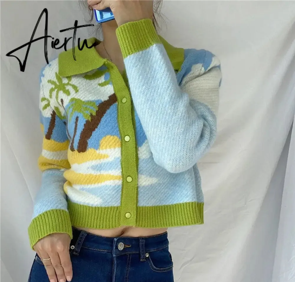 Letter Embroidery Harajuku Knitted Single Breasted Cropped Cardigan Women Autumn Long Sleeve Turn Down Collar Sweater Coat
