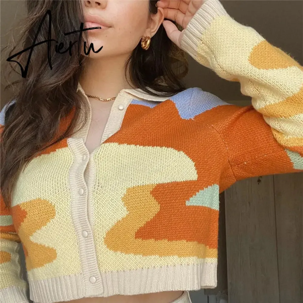 Letter Embroidery Harajuku Knitted Single Breasted Cropped Cardigan Women Autumn Long Sleeve Turn Down Collar Sweater Coat