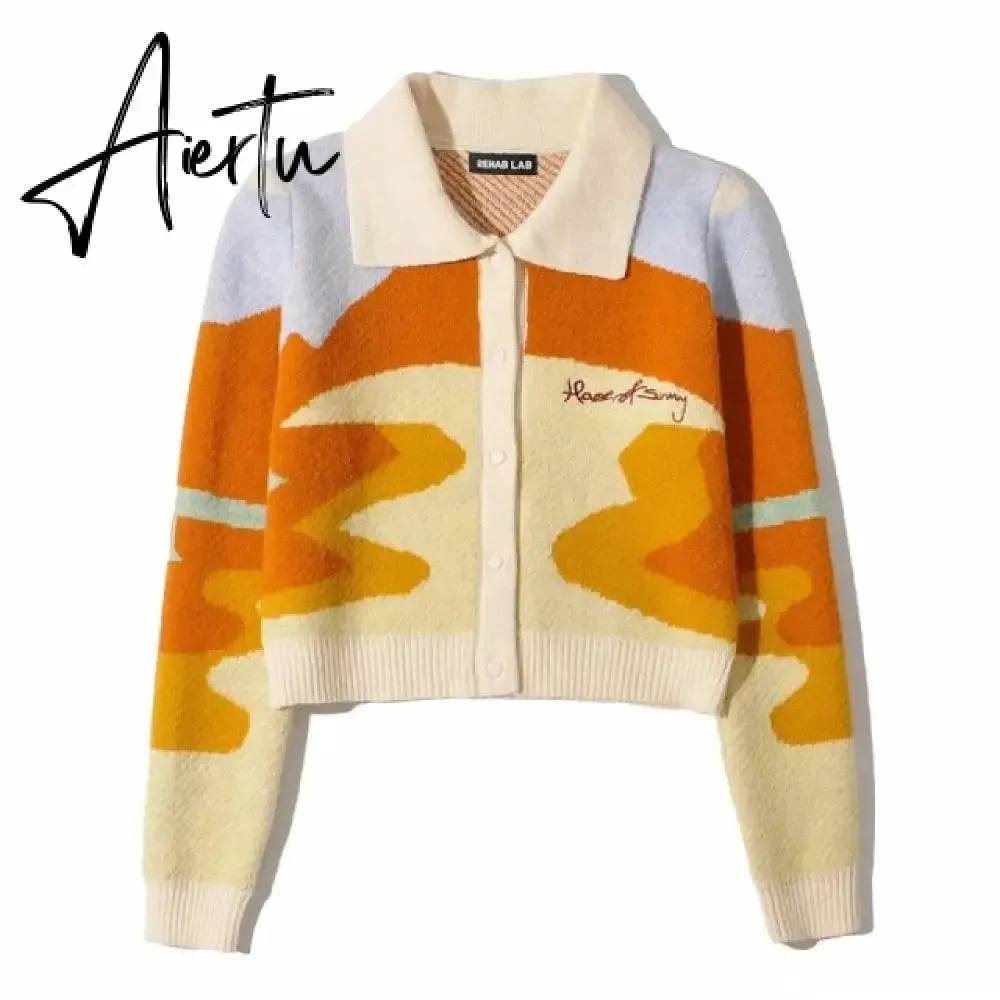 Letter Embroidery Harajuku Knitted Single Breasted Cropped Cardigan Women Autumn Long Sleeve Turn Down Collar Sweater Coat