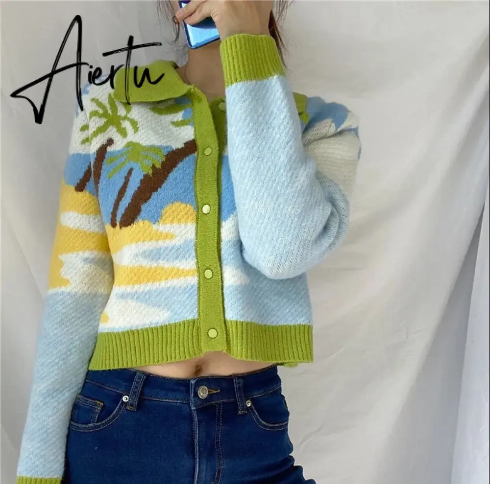 Letter Embroidery Harajuku Knitted Single Breasted Cropped Cardigan Women Autumn Long Sleeve Turn Down Collar Sweater Coat