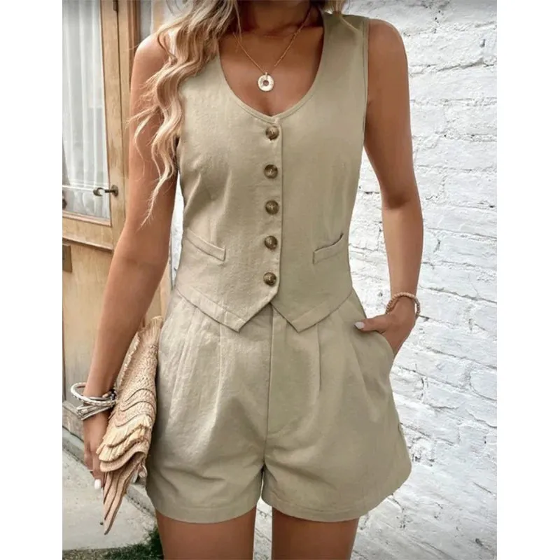 LVSANW Cotton Shorts Sets for Women 2 Pieces Sexy Sleeveless Single Breasted Vest Top   Shorts Suit Elegant Office Lady Tracksuit