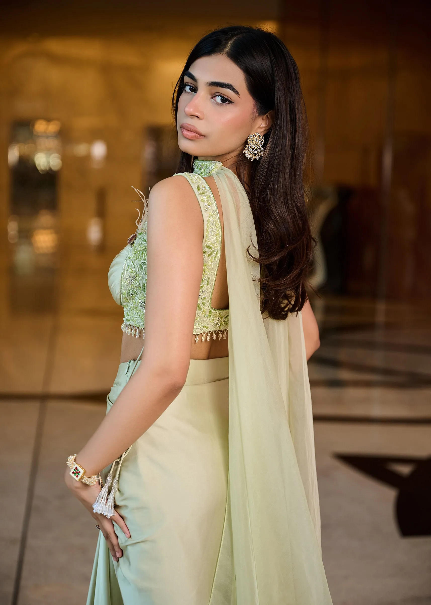 Mint Green Pleated Blouse With Draped Skirt And Choker Dupatta