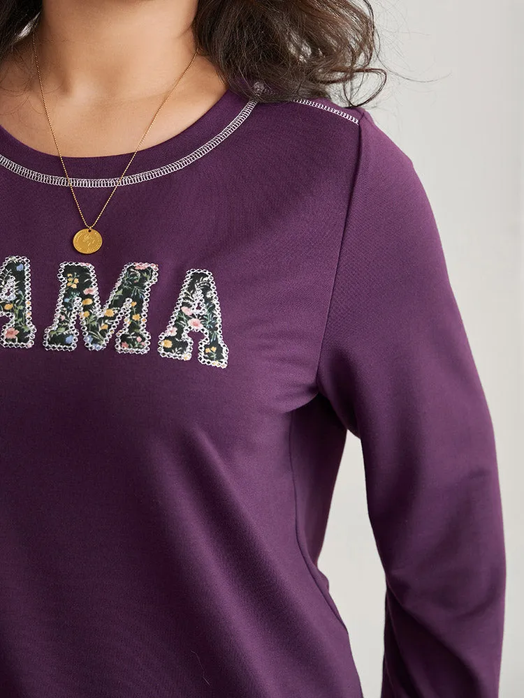 Mom Embroidered Contrast Round Neck Sweatshirt