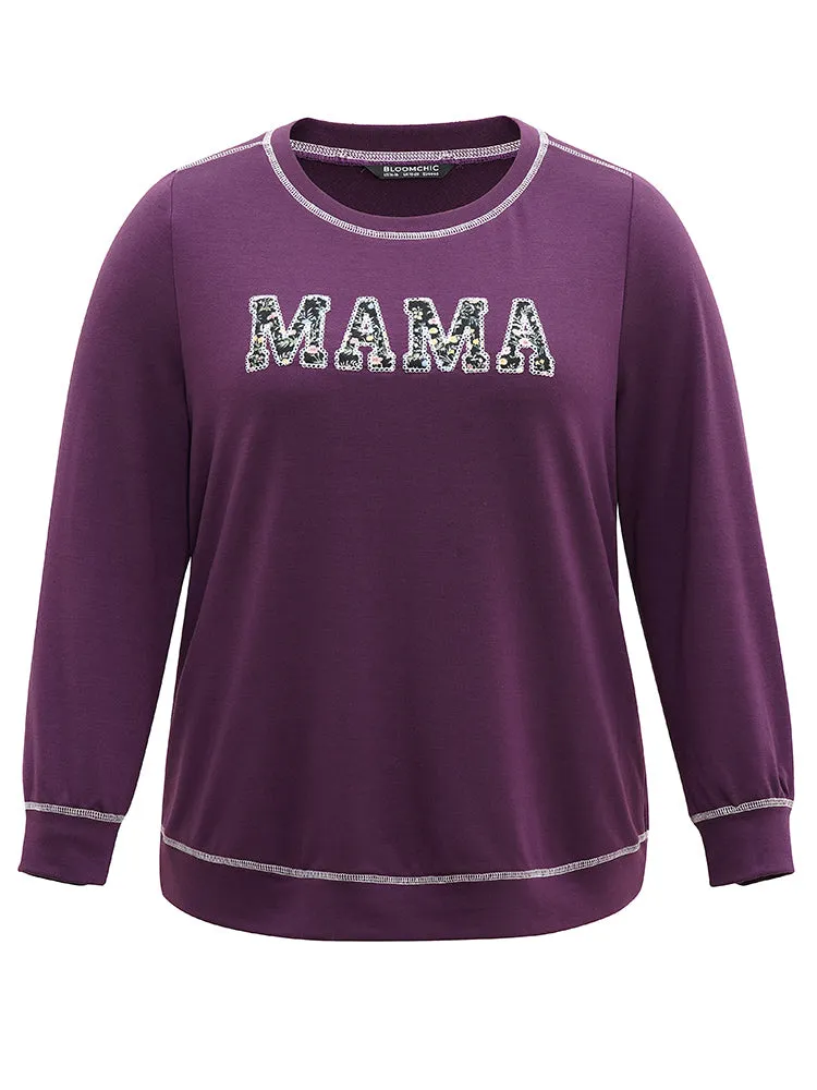 Mom Embroidered Contrast Round Neck Sweatshirt