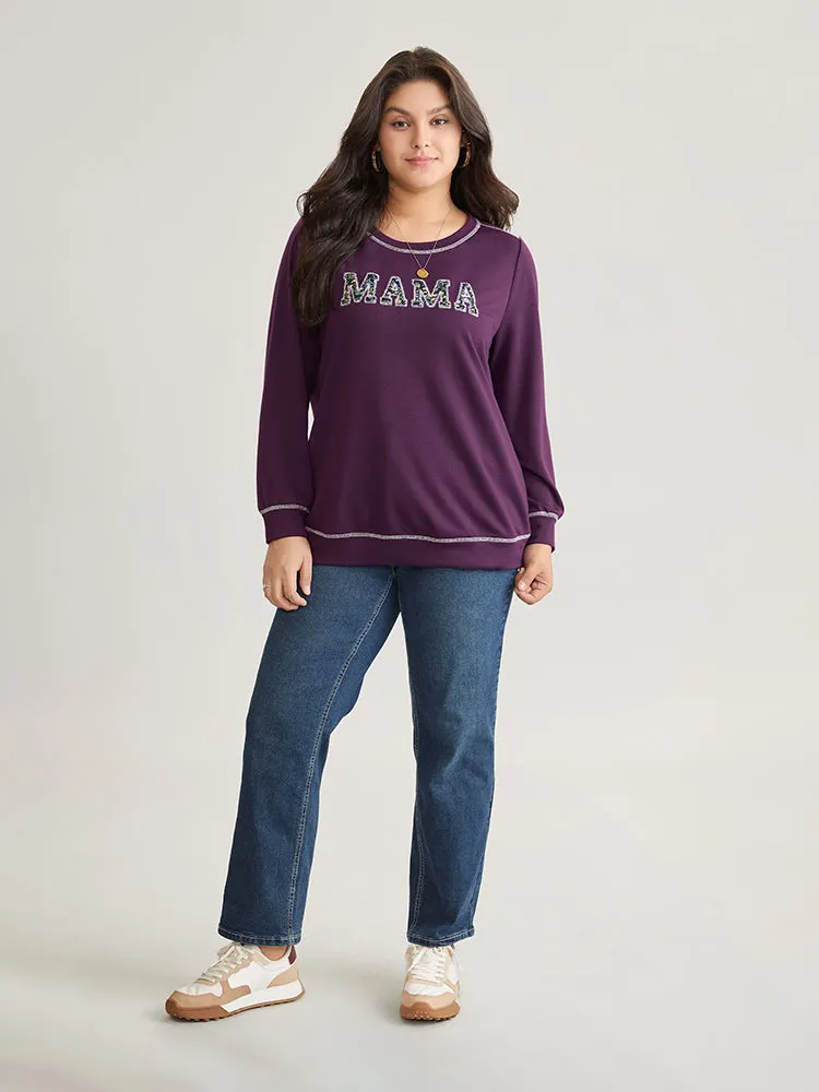 Mom Embroidered Contrast Round Neck Sweatshirt