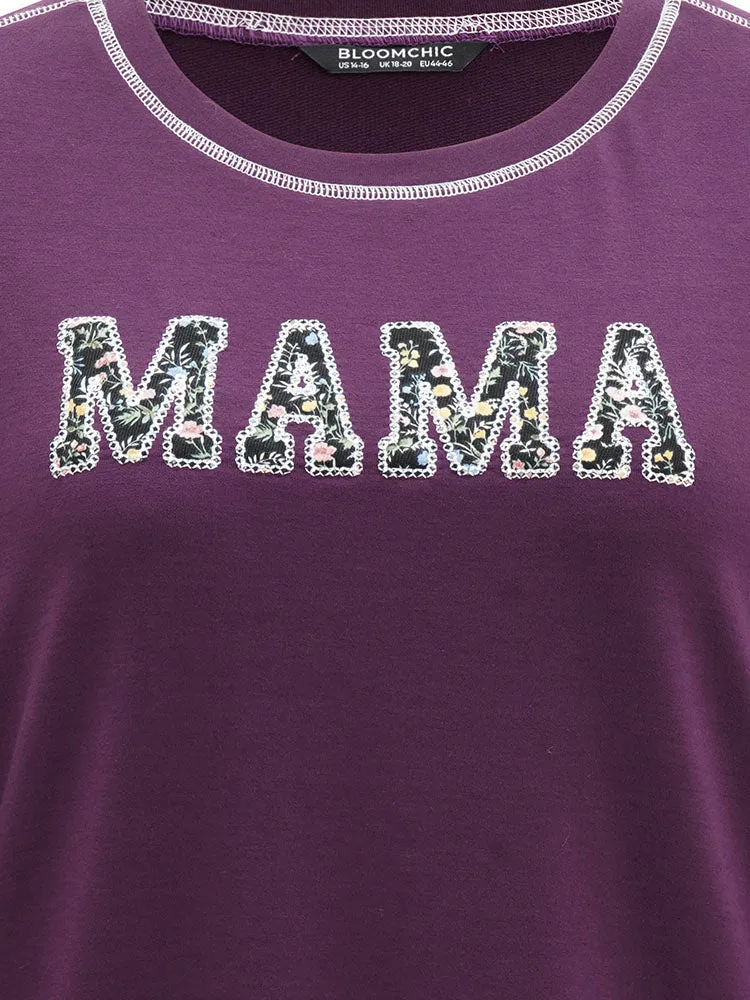 Mom Embroidered Contrast Round Neck Sweatshirt