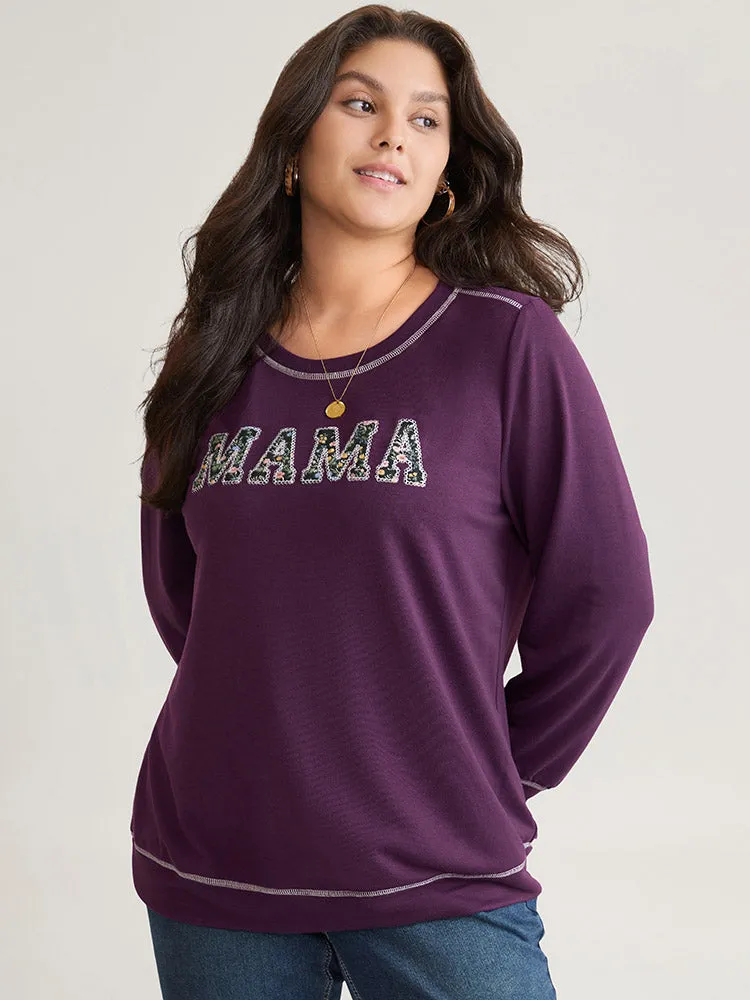 Mom Embroidered Contrast Round Neck Sweatshirt