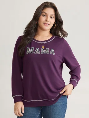 Mom Embroidered Contrast Round Neck Sweatshirt