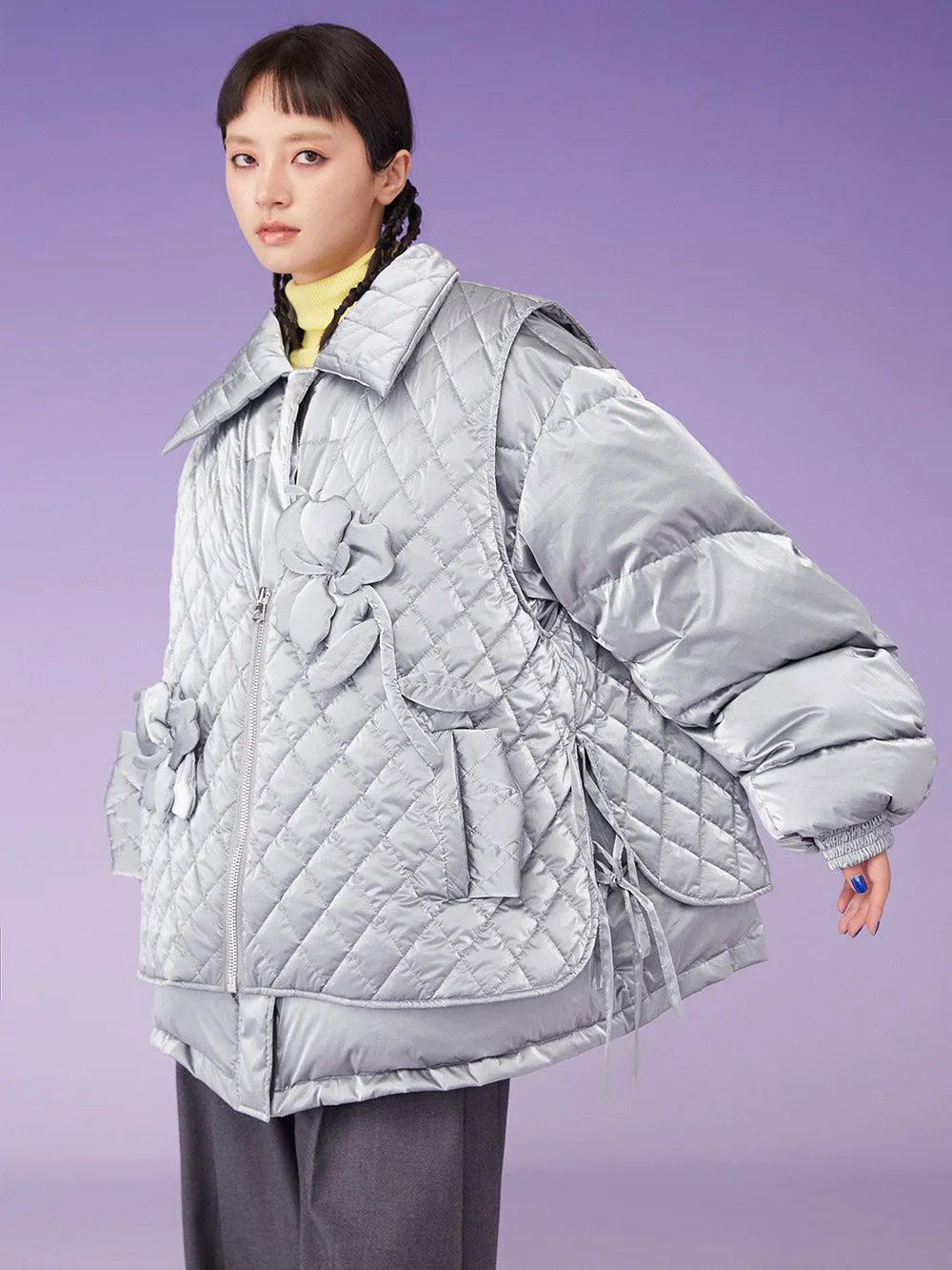 MUKZIN Lapel Floral Padded Oversize Grey Down Jacket