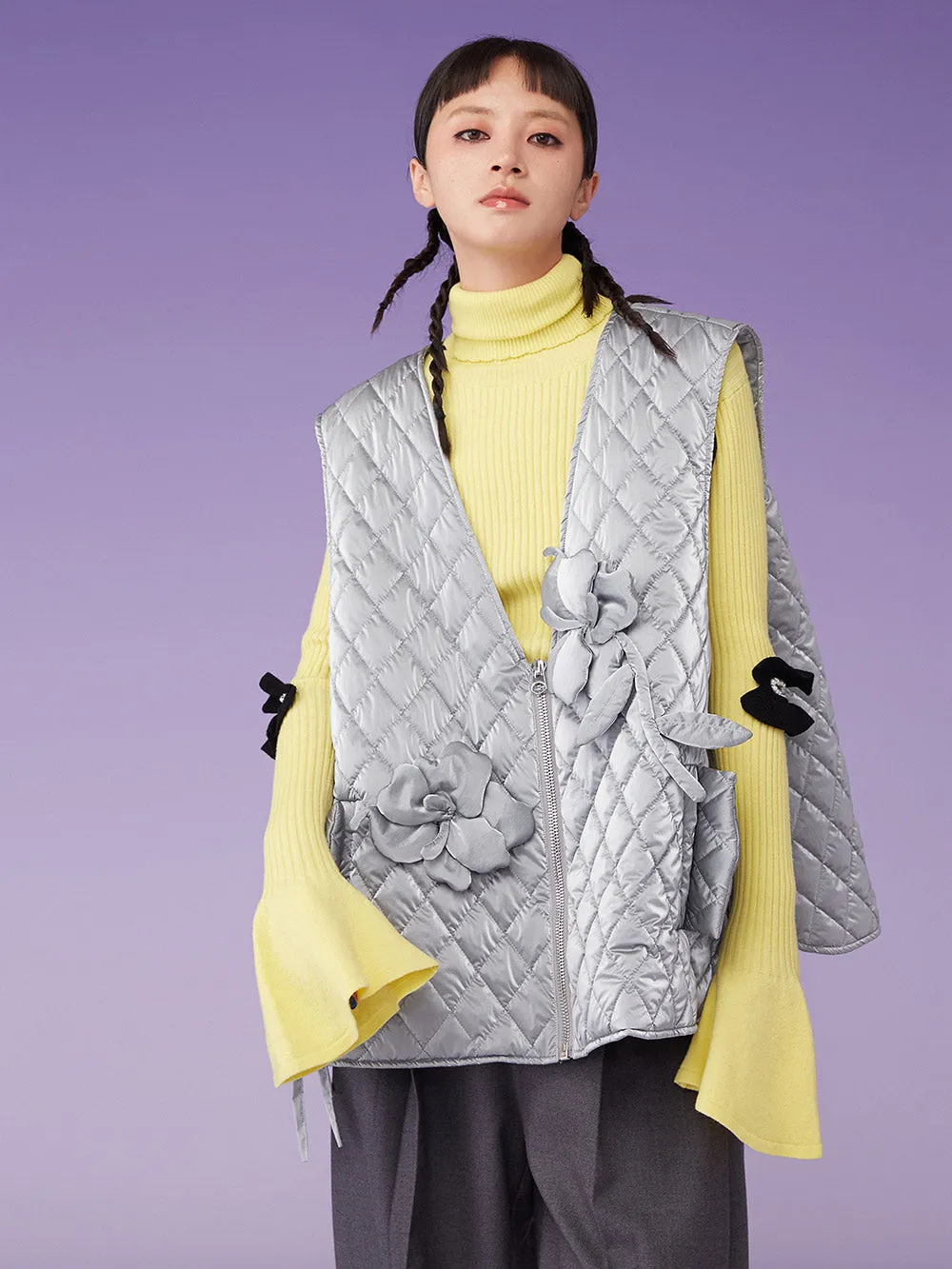 MUKZIN Lapel Floral Padded Oversize Grey Down Jacket