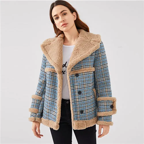 Multicolor Waterfall Collar Contrast Faux Fur Plaid Coat