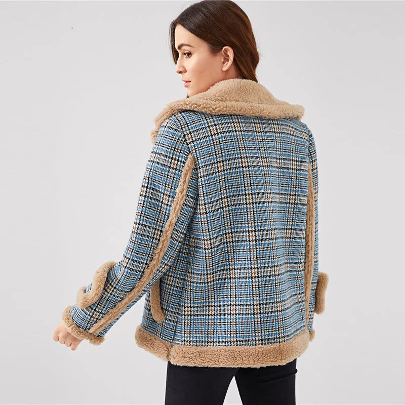 Multicolor Waterfall Collar Contrast Faux Fur Plaid Coat