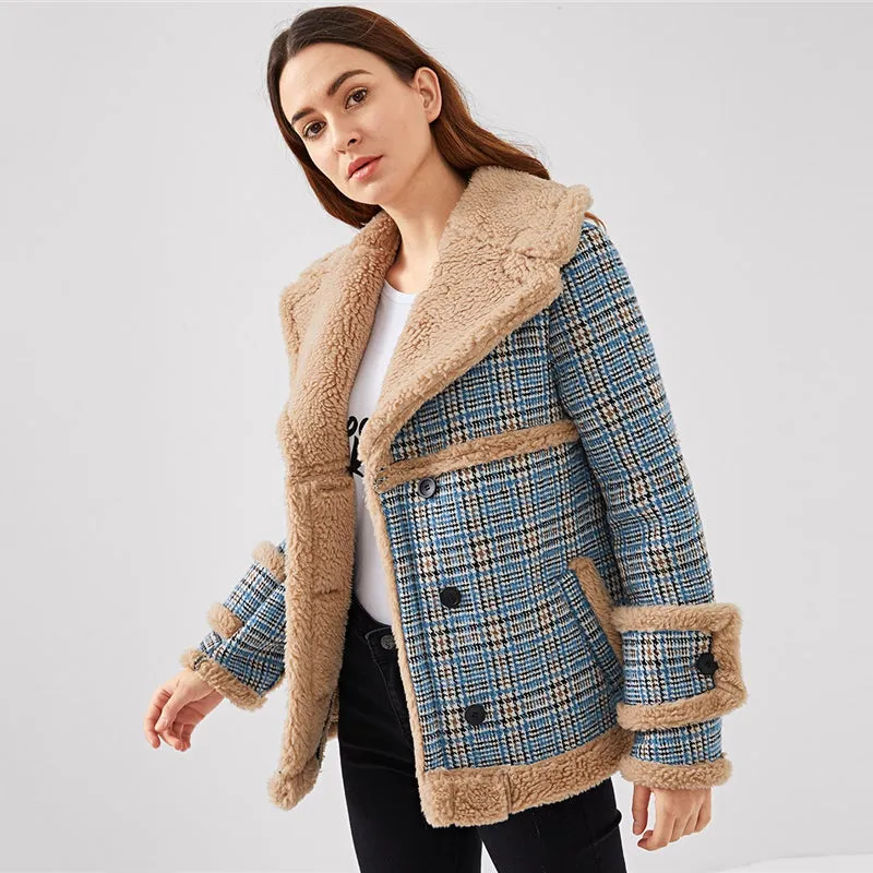 Multicolor Waterfall Collar Contrast Faux Fur Plaid Coat