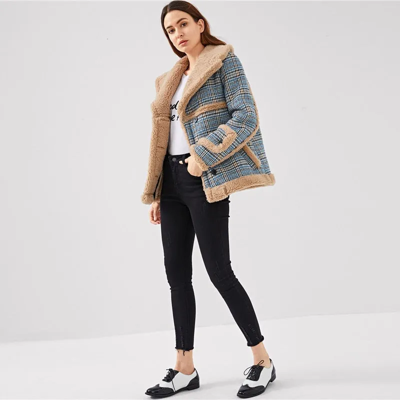 Multicolor Waterfall Collar Contrast Faux Fur Plaid Coat