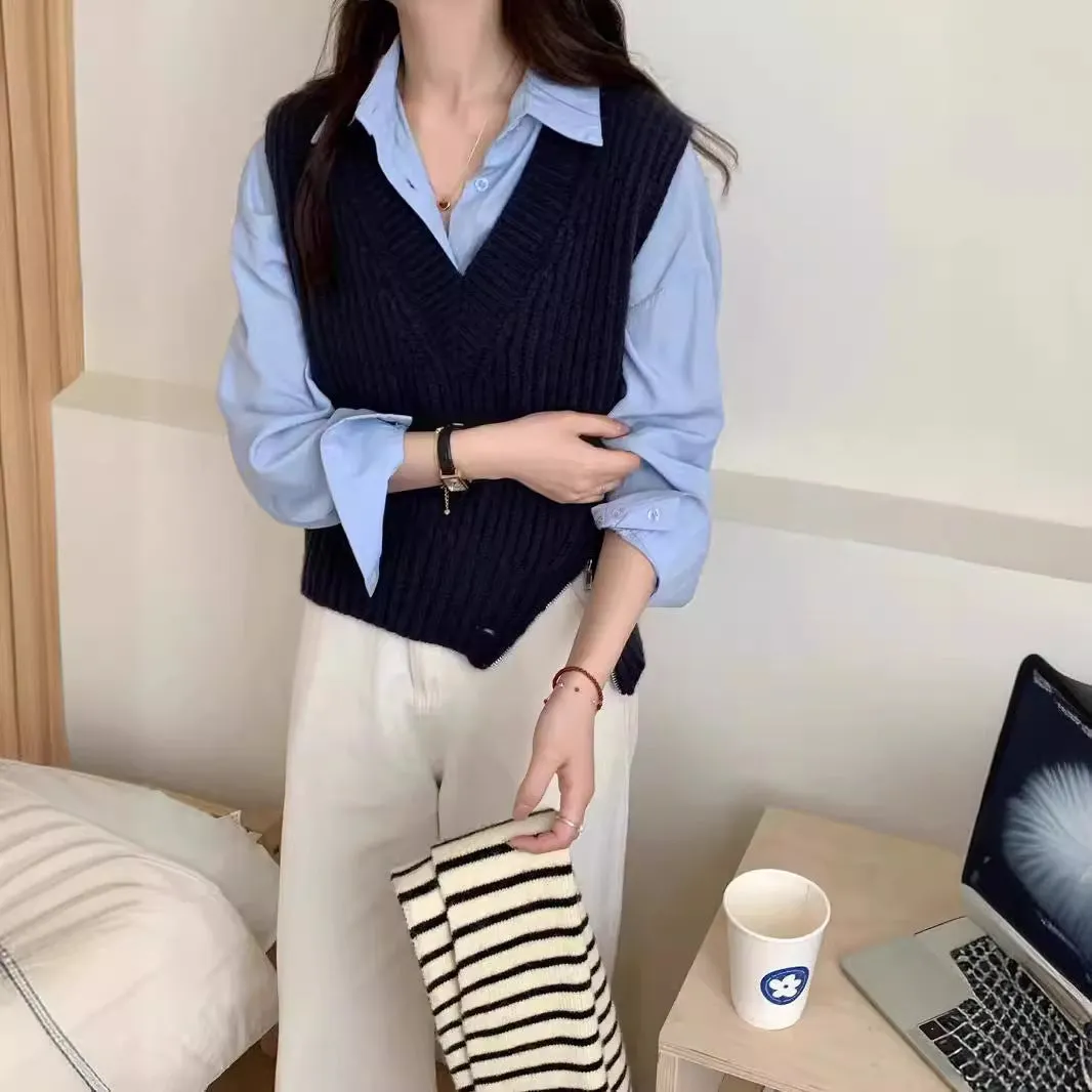 Nukty-shop masc outfits Korean Style New Style Personalized Design Side Zipper V-neck Solid Color Loose Knitted Vest Women's All-Match Knitted Vest