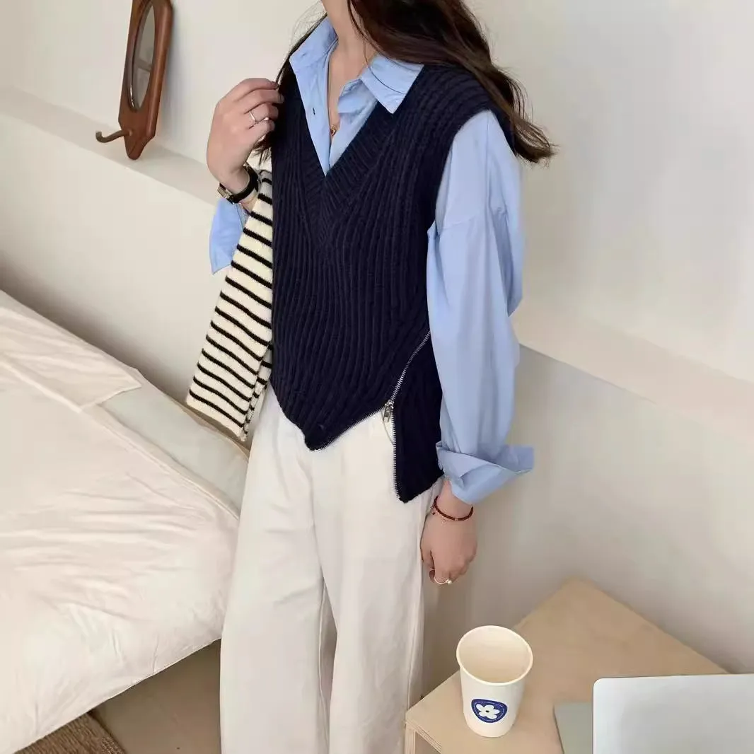 Nukty-shop masc outfits Korean Style New Style Personalized Design Side Zipper V-neck Solid Color Loose Knitted Vest Women's All-Match Knitted Vest