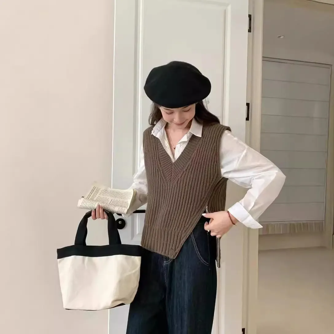 Nukty-shop masc outfits Korean Style New Style Personalized Design Side Zipper V-neck Solid Color Loose Knitted Vest Women's All-Match Knitted Vest