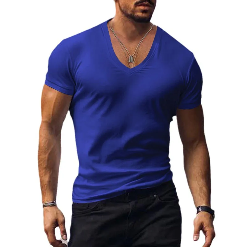 Nukty-shop Men's T-shirt Summer Men's V-neck Solid Color Slim Thin Casual T-shirt Short Sleeve Top