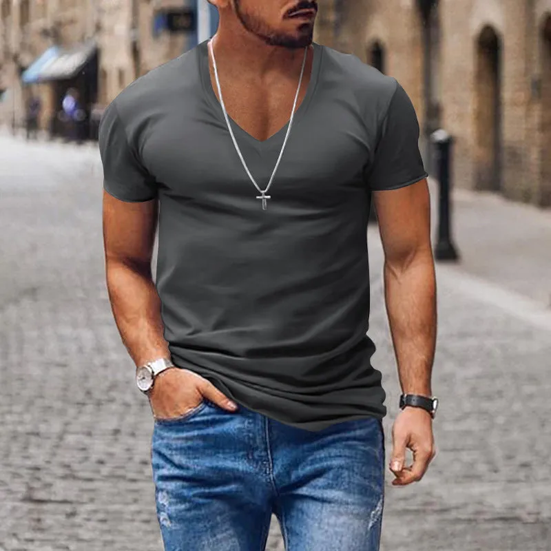 Nukty-shop Men's T-shirt Summer Men's V-neck Solid Color Slim Thin Casual T-shirt Short Sleeve Top